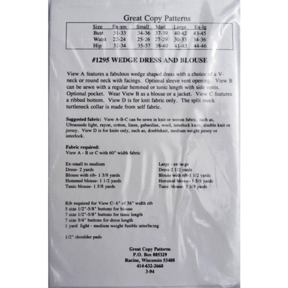 Vintage Great Copy Patterns - Wedge Dress & Tunic Blouse Pattern - Size XS-5XL - Picture 2 of 2